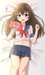 Rule 34 | 1girl, bed sheet, blue eyes, blue sailor collar, blue skirt, blush, bow, breasts, brown hair, clothes lift, commentary request, feet out of frame, hair between eyes, hand fan, hands up, highres, holding, holding fan, looking at viewer, midriff, navel, open mouth, original, paper fan, pleated skirt, red bow, sailor collar, school uniform, serafuku, shirt, shirt lift, short sleeves, skirt, small breasts, solo, sweat, takasuma hiro, translation request, wavy mouth, white shirt