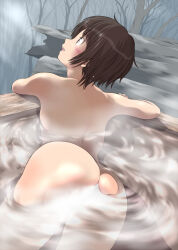 Rule 34 | 1girl, amagami, ass, bathing, blush, brown eyes, brown hair, completely nude, female focus, from behind, highres, keisuke (0320030103200301), looking up, nude, onsen, open mouth, outdoors, partially submerged, short hair, solo, tachibana miya, tree, water