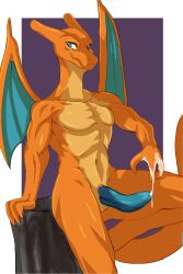 Rule 34 | 1boy, absurdres, blue penis, charizard, colored skin, creatures (company), cum, dragon boy, dragon wings, ejaculation, furry, furry male, game freak, gen 1 pokemon, green eyes, highres, horns, looking at viewer, male focus, nintendo, orange skin, penis, pokemon, smile, solo, spicy kokosche, standing, tail, wings