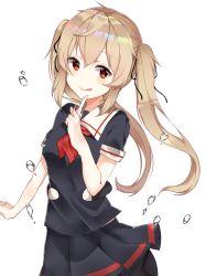 Rule 34 | 10s, 1girl, :p, black serafuku, black skirt, hair between eyes, highres, kantai collection, light brown hair, long hair, looking at viewer, murasame (kancolle), neckerchief, pleated skirt, red eyes, red neckerchief, rerua, school uniform, serafuku, short sleeves, simple background, skirt, smile, solo, tongue, tongue out, twintails, white background