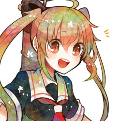 Rule 34 | 10s, 1girl, :d, ahoge, black serafuku, blonde hair, brown eyes, itomugi-kun, kantai collection, looking at viewer, murasame (kancolle), neckerchief, open mouth, personification, red neckerchief, school uniform, serafuku, smile, solo, twintails, upper body, white background