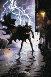 Rule 34 | 1boy, artist name, batman, batman (series), bodysuit, cape, city, comic cover, commentary, dc comics, english commentary, full body, highres, jorgejimenezart, looking at viewer, male focus, mask, muscular, muscular male, official art, outdoors, rain, solo, standing, superhero costume, western comics (style)