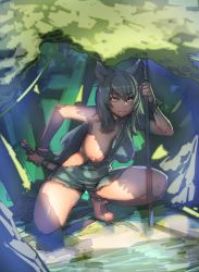 Rule 34 | 1girl, absurdres, animal ears, bare legs, barefoot, bow (bhp), breasts, cat ears, cat girl, commentary, dappled sunlight, day, grey hair, highres, knife, large breasts, long hair, looking at viewer, nature, nipples, one breast out, original, outdoors, polearm, solo, spear, squatting, sunlight, torn clothes, weapon, yellow eyes