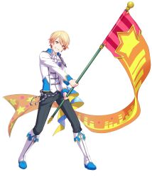 Rule 34 | 1boy, ascot, blonde hair, boots, flag, full body, gradient hair, grey pants, grin, highres, holding, holding flag, looking at viewer, male focus, multicolored hair, non-web source, official art, orange eyes, pants, project sekai, red hair, short hair, smile, solo, tachi-e, tenma tsukasa, transparent background, white ascot, white footwear