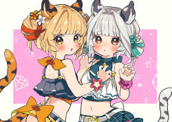 Rule 34 | 2girls, :o, alternate costume, alternate hairstyle, animal ears, bai (granblue fantasy), bare shoulders, belt, bikini, blonde hair, blush, breasts, brown eyes, claw pose, double bun, frilled bikini, frills, granblue fantasy, grey hair, hair bun, hair intakes, hand on another&#039;s shoulder, huang (granblue fantasy), looking at viewer, multiple girls, navel, open mouth, osakana (rrg0123), raised eyebrows, scrunchie, short hair, small breasts, swimsuit, tail, tiger ears, tiger girl, tiger tail, upper body, v-shaped eyebrows, wrist scrunchie, yellow eyes