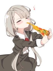 Rule 34 | 1girl, = =, black jacket, black ribbon, black skirt, blush stickers, braid, cheese, closed eyes, closed mouth, collared shirt, commentary request, dress shirt, eating, eighth note, food, grey hair, hair ribbon, highres, hisakawa nagi, holding, holding food, idolmaster, idolmaster cinderella girls, idolmaster cinderella girls starlight stage, jacket, juliet sleeves, long hair, long sleeves, low twintails, musical note, outstretched arms, pizza, pizza slice, puffy sleeves, ribbon, shirt, shiwa (siwaa0419), simple background, skirt, solo, twintails, very long hair, white background, white shirt