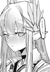 Rule 34 | 1girl, ao oni (onioni-aoi), arknights, blush, choker, greyscale, hand on own neck, hand up, highres, jacket, long hair, mole, mole under eye, monochrome, muelsyse (arknights), nose blush, parted lips, pointy ears, simple background, solo, translated, upper body, white background