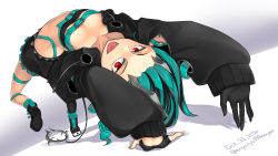 Rule 34 | 1girl, absurdres, backflip, belt, belt bra, black footwear, black gloves, black hair, black jacket, black skirt, black thighhighs, blue belt, blue hair, blue socks, breasts, butt crack, chest belt, clothing cutout, commentary request, cropped jacket, cross-laced clothes, cross-laced sleeves, demon girl, demon horns, demon tail, engacyo (engacyo39800yen), fang, full body, gloves, grey skirt, half gloves, handstand, highres, horns, jacket, layered skirt, leg belt, long hair, long sleeves, looking at viewer, multicolored hair, nanashi inc., open mouth, partially fingerless gloves, red eyes, shishio chris, shoes, shoulder cutout, single thighhigh, skirt, small breasts, smile, sneakers, socks, solo, sugar lyric, tail, thighhighs, two-tone hair, virtual youtuber, zipper skirt