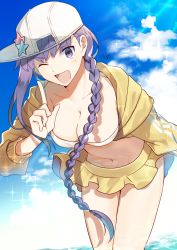 Rule 34 | 1girl, backwards hat, baseball cap, bb (fate), bb (fate) (all), bb (swimsuit mooncancer) (fate), bikini, bikini top only, braid, breasts, cleavage, cloud, collarbone, day, fate/extra, fate/extra ccc, fate/grand order, fate (series), hair between eyes, hat, highres, jacket, large breasts, long hair, looking at viewer, navel, nikame, one eye closed, open mouth, purple eyes, purple hair, signature, single braid, skirt, sky, smile, solo, swimsuit, water, white bikini, white hat, yellow jacket, yellow skirt