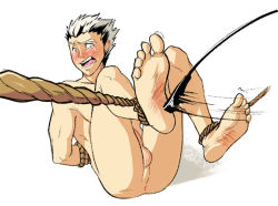 Rule 34 | 1boy, anus, ass, barefoot, blush, bokuto koutarou, booty electric, feet, haikyuu!!, male focus, nude, restrained, rope, soles, solo, tagme, tears, testicles, toes