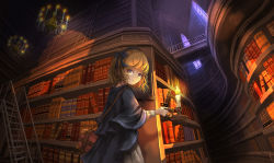 Rule 34 | 1girl, blonde hair, blue cloak, blue hairband, book, bookshelf, bow hairband, candle, candlelight, chandelier, cloak, dress, expressionless, hairband, highres, holding, holding candle, indoors, library, looking at viewer, medium hair, original, shoulder strap, solo, ume (illegal bible), white dress