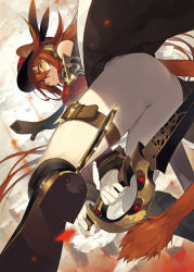 Rule 34 | 1girl, animal ears, ass, boots, brown eyes, brown hair, from below, gloves, hat, katou itsuwa, long hair, looking at viewer, looking down, necktie, original, solo, sword, tail, thigh strap, weapon, white gloves
