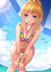 Rule 34 | 1girl, bare shoulders, beach umbrella, bikini, bird, blonde hair, blue eyes, bracelet, breasts, cleavage, collarbone, day, front-tie bikini top, front-tie top, groin, hair ornament, halterneck, hands on own knees, highres, idolmaster, idolmaster cinderella girls, jewelry, large breasts, long hair, looking at viewer, monaka curl, nail polish, navel, necklace, ohtsuki yui, open mouth, outdoors, ponytail, side-tie bikini bottom, solo, standing, stomach, string bikini, striped bikini, striped clothes, sunlight, swimsuit, thighs, umbrella, wavy hair