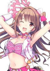 Rule 34 | 1girl, ;d, armpits, arms up, bare shoulders, belt, black skirt, blush, bow, breasts, brown eyes, choker, cleavage, clothes writing, elbow gloves, gloves, hair bow, headset, heart, idolmaster, idolmaster cinderella girls, jacket, jewelry, looking at viewer, medium breasts, miniskirt, navel, one eye closed, one side up, open clothes, open jacket, open mouth, pendant, pink check school, pom pom (cheerleading), round teeth, shimamura uzuki, simple background, skirt, sleeveless, sleeveless jacket, smile, solo, stomach, strapless, tareme, teeth, tube top, u rin, upper body, upper teeth only, wavy hair, white background, white choker, white gloves, white jacket