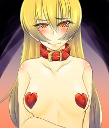 Rule 34 | 1girl, bdsm, blonde hair, blush, breasts, collar, collarbone, covered erect nipples, gradient background, harry (taka aselia), heart, long hair, nude, pasties, red eyes, shiny skin, slave, small breasts, solo, upper body