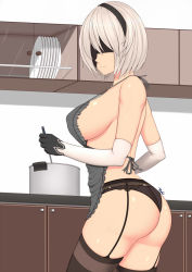 Rule 34 | 1girl, apron, artist name, ass, black blindfold, black hairband, black panties, blindfold, breasts, cooking, elbow gloves, female focus, garter belt, garter straps, gloves, hairband, highres, large breasts, nearly naked apron, nier (series), nier:automata, no bra, panties, plate, pot, ryu seung, shiny skin, short hair, sideboob, skindentation, solo, thighhighs, underwear, vambraces, white hair, 2b (nier:automata)