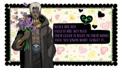 Rule 34 | 1boy, abs, belt, blush, bouquet, bug, butterfly, dark-skinned male, dark skin, english text, flower, hades (series), hades 1, hand in pocket, heart, highres, hood, hood down, insect, jen zee, male focus, official art, open clothes, silver hair, skull, thanatos (hades), valentine, yellow eyes