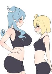 Rule 34 | 2girls, ahoge, aqua eyes, arm behind back, bare arms, bare shoulders, bike shorts, black sports bra, blonde hair, blue hair, blue nails, blue wings, blush, bob cut, breast envy, breasts, cipher4109, covered erect nipples, elira pendora, from side, green eyes, groin outline, hair over one eye, hand on own hip, head wings, highres, huge breasts, long hair, medium support (meme), meme, midriff, millie parfait, mole, mole on armpit, multicolored hair, multiple girls, nail polish, naughty face, nijisanji, nijisanji en, one eye covered, pout, profile, short hair, simple background, skindentation, small breasts, sports bra, virtual youtuber, white background, white hair, wings