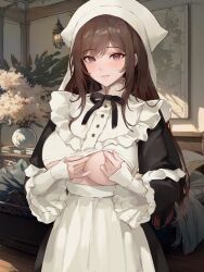 Rule 34 | 1girl, apron, bed, black ribbon, blush, breasts, brown hair, chowbie, clothes lift, cowboy shot, frilled sleeves, frills, highres, indoors, lamp, large breasts, long hair, long sleeves, looking at viewer, maid, no bra, nursing clothes, original, parted lips, plant, purple eyes, ribbon, smile, solo, standing, underboob, white headwear