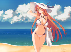 Rule 34 | 1girl, armpits, bare arms, bare shoulders, beach, bikini, blue sky, blush, breasts, brown hair, character name, cleavage, closed mouth, cloud, commentary request, cowboy shot, crossed legs, dated, day, girls&#039; frontline, green eyes, groin, hair between eyes, hair ribbon, hair rings, hand on headwear, hands on own chest, hat, head tilt, highres, holding, holding clothes, holding shirt, large breasts, long hair, looking at viewer, navel, o-ring, o-ring top, ocean, official alternate costume, open mouth, outdoors, ribbon, ribs, sand, shirt, unworn shirt, sidelocks, signature, skindentation, sky, smile, solo, springfield (girls&#039; frontline), springfield (stirring mermaid) (girls&#039; frontline), stomach, summer, sun hat, swimsuit, tajada, thighs, very long hair, watson cross, white bikini, wind