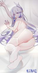 Rule 34 | 1girl, absurdres, anus, artist name, ass, barefoot, bed sheet, blue eyes, blue hair, blue nails, breasts, censored, feet, foot focus, garter straps, hair ornament, hare (honkai impact), highres, honkai (series), honkai impact 3rd, large breasts, long hair, looking at viewer, lying, mosaic censoring, multicolored hair, nail polish, ninai, nipples, no shoes, nude, on side, pussy, soles, solo, streaked hair, thighhighs, toes, very long hair, white hair, white thighhighs