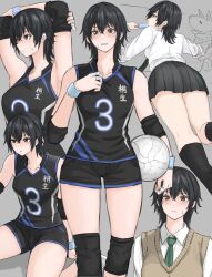 Rule 34 | 1girl, absurdres, armpits, ball, bandaged fingers, bandages, black hair, black shirt, black shorts, blue wristband, clothes writing, elbow pads, food, food in mouth, fuku (fuku12290574), green necktie, highres, holding, holding ball, holding food, holding popsicle, jersey, knee pads, medium hair, multiple views, necktie, original, photoshop (medium), popsicle, popsicle in mouth, shirt, shirt writing, shorts, sitting, sleeveless, solo, sportswear, standing, sweat, volleyball, volleyball (object), volleyball uniform, wariza, wristband
