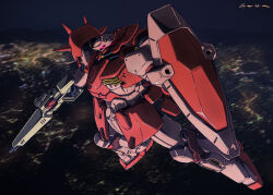 Rule 34 | arm shield, daue, flying, from side, glowing, glowing eye, gun, gundam, gundam hathaway&#039;s flash, holding, holding gun, holding weapon, mecha, messer (mobile suit), mobile suit, no humans, pink eyes, robot, science fiction, solo, weapon