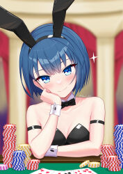 1girl absurdres animal_ears arm_strap bare_shoulders black_bow black_bowtie black_hairband black_leotard blue_eyes blue_hair blurry blurry_background blush bow bowtie breasts card cleavage closed_mouth collarbone depth_of_field detached_collar fake_animal_ears hairband highres indoors kiritani_haruka leotard looking_at_viewer more_more_jump!_(project_sekai) playboy_bunny poker_chip project_sekai rabbit_ears shock_ekaki short_hair small_breasts smile smug solo sparkle strapless strapless_leotard table upper_body wrist_cuffs