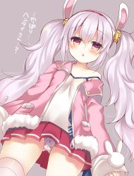 Rule 34 | 1girl, :&lt;, animal ears, animal print, azur lane, blush, camisole, cowboy shot, dot nose, dutch angle, female focus, from below, fur-trimmed jacket, fur trim, hair between eyes, hairband, highres, jacket, laffey (azur lane), long hair, long sleeves, looking at viewer, off shoulder, open mouth, panties, pantyshot, parted lips, pink jacket, pleated skirt, print panties, purple background, rabbit ears, rabbit panties, rabbit print, red skirt, simple background, single bare shoulder, skirt, sleeves past wrists, solo, spaghetti strap, standing, strap slip, suzunone rena, thighhighs, translated, triangle mouth, twintails, underwear, very long hair, white panties