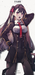 Rule 34 | 1girl, :o, arm up, black gloves, black jacket, black pantyhose, blouse, blush, breasts, brown hair, bullpup, buttons, character name, collar, collared shirt, commentary, copyright name, daliyang, english text, girls&#039; frontline, gloves, grey background, gun, hair ribbon, half updo, hand on own hip, highres, jacket, korean commentary, long hair, long sleeves, looking at viewer, medium breasts, necktie, one side up, open mouth, pantyhose, photoshop (medium), red eyes, red necktie, red ribbon, ribbon, rifle, shirt, simple background, skirt, sniper rifle, solo, standing, very long hair, wa2000 (girls&#039; frontline), walther, walther wa 2000, weapon, white shirt