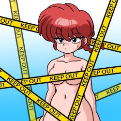 Rule 34 | 1girl, blue eyes, braid, breasts, caution tape, censored, censored nipples, convenient censoring, cowboy shot, gender request, genderswap, jitome, keep out, large breasts, navel, nude, parted lips, ranma-chan, ranma 1/2, red hair, saotome ranma, single braid, solo, standing, sweatdrop, tape, tape censor, wanta (futoshi)