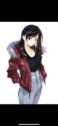 Rule 34 | 1girl, black hair, black shirt, blue pants, blush, buttons, closed mouth, coat, collarbone, denim, fur-trimmed coat, fur trim, hands in pockets, high-waist pants, highres, hood, hood down, hooded coat, hooded jacket, jacket, jeans, jewelry, kanojo okarishimasu, lace trim, lipstick, long hair, long sleeves, looking at viewer, makeup, miyajima reiji, mizuhara chizuru, necklace, official art, open clothes, open jacket, pants, purple eyes, red coat, red jacket, shirt, shirt tucked in, simple background, solo, standing, upper body, white background, winter clothes, winter coat