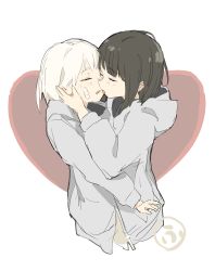 Rule 34 | 1girl, 2girls, absurdres, bandaid, black hair, closed eyes, hand on another&#039;s face, heart, highres, hood, hoodie, imminent kiss, multiple girls, original, roisa, sketch, tongue, tongue out, white hair, yuri