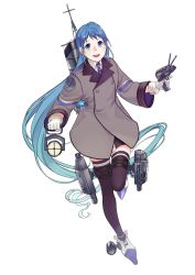 Rule 34 | 1girl, absurdres, adapted turret, bad id, bad twitter id, black thighhighs, blue eyes, blue hair, blue neckerchief, cannon, coat, collared shirt, gloves, gradient hair, grey coat, highres, kantai collection, long hair, looking at viewer, machinery, multicolored hair, neckerchief, original remodel (kantai collection), samidare (kancolle), searchlight, shirt, simple background, smile, smokestack, solo, swept bangs, thighhighs, torpedo launcher, turret, uyama hajime, very long hair, white background, white gloves