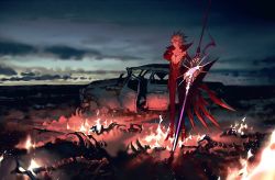 Rule 34 | 1boy, bare pectorals, bishounen, blue eyes, burning, car, cloud, cloudy sky, covered navel, fate/grand order, fate (series), fire, gem, grey sky, highres, holding, holding sword, holding weapon, huge weapon, karna (fate), male focus, mchi, motor vehicle, outdoors, pectorals, planted, planted sword, planted weapon, sky, solo, standing, sword, weapon, white hair