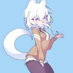 Rule 34 | 1girl, cross (vgne4542), highres, long tongue, phase connect, purple eyes, short hair, simple background, skirt, solo, tail, tenma maemi, tongue, white hair