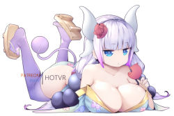 Rule 34 | 1girl, aged up, ass, bad tag, bare shoulders, blue eyes, breast focus, breasts, cleavage, closed mouth, eating, feet, food, holding, holding food, horns, hot vr, japanese clothes, kanna kamui, kimono, kobayashi-san chi no maidragon, large breasts, long hair, looking at viewer, lying, monster girl, on stomach, purple hair, revealing clothes, rose hair ornament, silver hair, simple background, solo, tail, thick thighs, thighhighs, thighs, traditional dress, very long hair, white background
