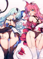 Rule 34 | 2girls, absurdres, aqua hair, artist request, ass, ass grab, bare shoulders, blue eyes, blush, butt crack, deep skin, detached sleeves, dragon horns, dragon tail, from behind, garter belt, highres, honkai (series), honkai impact 3rd, horns, liliya olenyeva, long hair, looking at viewer, looking back, lying, multiple girls, on stomach, open mouth, panties, pink hair, purple eyes, pussy juice, rozaliya olenyeva, shiny clothes, shiny skin, siblings, tail, tears, thighhighs, twins, underwear, very long hair
