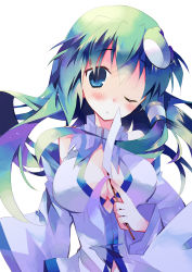Rule 34 | 1girl, absurdres, ayuka, bare shoulders, blue eyes, blush, breasts, cleavage, detached sleeves, female focus, frog, green hair, hair ornament, highres, japanese clothes, kochiya sanae, long hair, medium breasts, miko, one eye closed, solo, touhou, upper body, white background, wink
