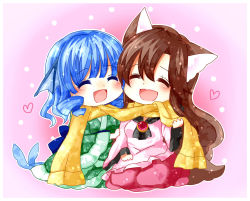 Rule 34 | 2girls, animal ears, blue hair, blush, breasts, brooch, brown hair, chibi, closed eyes, dress, drill hair, fins, fish tail, head fins, heart, highres, imaizumi kagerou, japanese clothes, jewelry, kimono, long sleeves, mermaid, monster girl, multiple girls, obi, open mouth, sash, scarf, shared clothes, shared scarf, tail, totoharu (kujirai minato), touhou, wakasagihime, wide sleeves, wolf ears, wolf tail, yellow scarf