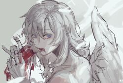 Rule 34 | 1boy, angel wings, argalia (project moon), bare shoulders, blood, blood on face, blue eyes, food, highres, holding, holding food, library of ruina, long hair, looking at viewer, looking back, male focus, open mouth, project moon, raw meat, regi ww, solo, very long hair, white background, white hair, white wings, wings