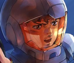 Rule 34 | amuro ray, blue background, char&#039;s counterattack, curly hair, gundam, helmet, male focus, open mouth, portrait, reflection, simple background, solo, spacesuit, umeno ryuuji