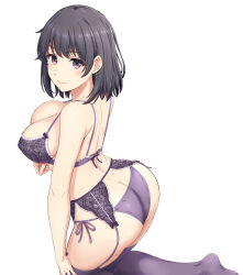 Rule 34 | 1girl, absurdres, ass, back, black hair, bra, breasts, butt crack, cameltoe, cleavage, commentary request, from above, from behind, garter belt, garter straps, highres, inanaki shiki, large breasts, lingerie, looking at viewer, looking back, looking up, panties, purple bra, purple eyes, purple panties, short hair, simple background, solo, sweat, underwear, underwear only, white background, yahari ore no seishun lovecome wa machigatteiru., yukinoshita haruno