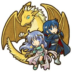 Rule 34 | 1boy, 1girl, blue cape, blue eyes, blue hair, book, boots, brother and sister, cape, chibi, circlet, dragon, dress, fire emblem, fire emblem: genealogy of the holy war, headband, holding, holding book, jewelry, julia (fire emblem), long hair, lowres, magic, naga (fire emblem), nintendo, open mouth, ponytail, purple eyes, purple hair, sandals, sash, seliph (fire emblem), siblings, simple background, smile, socha, tyrfing (fire emblem), white headband