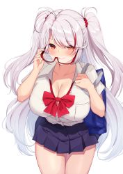 Rule 34 | 1girl, absurdres, alternate breast size, alternate costume, azur lane, bag, bespectacled, blush, breast pocket, breasts, cleavage, collared shirt, from above, glasses, highres, huge breasts, large breasts, long hair, looking at viewer, miniskirt, multicolored hair, namaponpon 00, orange eyes, partially unbuttoned, pleated skirt, pocket, prinz eugen (azur lane), purple skirt, red-framed eyewear, red hair, school bag, semi-rimless eyewear, shirt, short sleeves, simple background, skirt, smile, solo, streaked hair, two-tone hair, very long hair, white background, white hair
