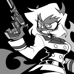 Rule 34 | 1girl, belt, buttons, colored skin, commentary, demon, demon horns, demon tail, double-breasted, greyscale, grin, gun, handgun, holding, holding gun, holding weapon, horns, jacket, long hair, long sleeves, monochrome, open mouth, panty &amp; stocking with garterbelt, pistol, scanty (psg), simple background, smile, solo, tail, teeth, vanripper, weapon
