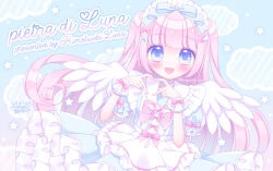 Rule 34 | 1girl, :d, apron, artist name, blue background, blue bow, blue dress, blue eyes, blush, bow, collared dress, commentary request, dress, feathered wings, frilled apron, frilled shirt collar, frills, hands up, heart, heart-shaped pupils, heart hands, himetsuki luna, long hair, looking at viewer, maid headdress, open mouth, original, pink hair, pleated dress, smile, solo, star (symbol), symbol-shaped pupils, twitter username, two side up, very long hair, waist apron, white apron, white wings, wings, wrist cuffs