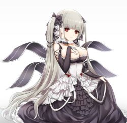 Rule 34 | 1girl, azur lane, bare shoulders, between breasts, black dress, blush, breasts, chiyosuke (chysk hm), cleavage, cowboy shot, detached collar, dress, earrings, flight deck, formidable (azur lane), frilled dress, frills, grey hair, hair ornament, hair ribbon, hand on own chest, jewelry, large breasts, long hair, long sleeves, looking at viewer, red eyes, ribbon, skirt hold, solo, stud earrings, twintails, very long hair