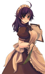 Rule 34 | 1girl, ahoge, apron, blush, bow, breasts, clipboard, feathers, frills, gloves, green eyes, headdress, kafra uniform, long hair, maid, maid apron, mil (xration), pen, purple hair, quill, ragnarok online, short sleeves, simple background, smile, solo, wrist cuffs