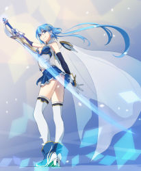 Rule 34 | 10s, 1girl, alternate costume, alternate hair length, alternate hairstyle, ass, bare shoulders, blue eyes, blue hair, boots, cape, fortissimo, from below, gloves, hair ornament, hairclip, huge weapon, long hair, looking at viewer, looking back, magical girl, mahou shoujo madoka magica, mahou shoujo madoka magica (anime), mahou shoujo madoka magica movie 1 &amp; 2, matching hair/eyes, miki sayaka, musical note, musical note hair ornament, panties, pantyshot, skirt, solo, sword, thighhighs, underwear, upskirt, weapon, white gloves, white panties, white thighhighs, yahako
